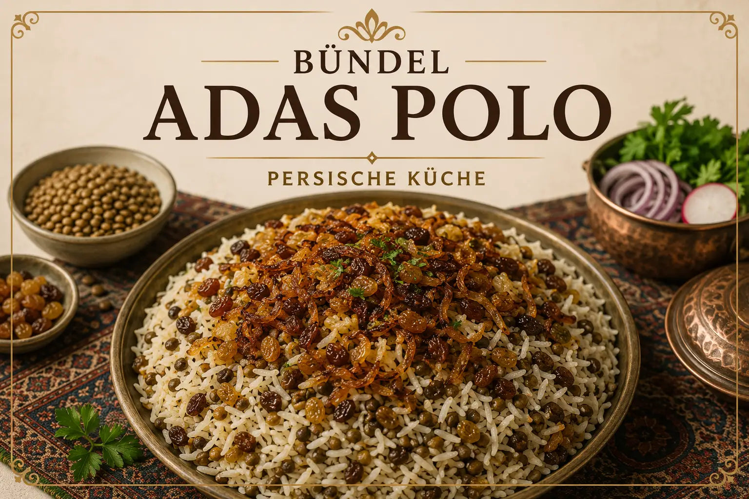 Adas Polo – persischer Linsenreis mit Datteln und Rosinen, Zutaten im Bündel