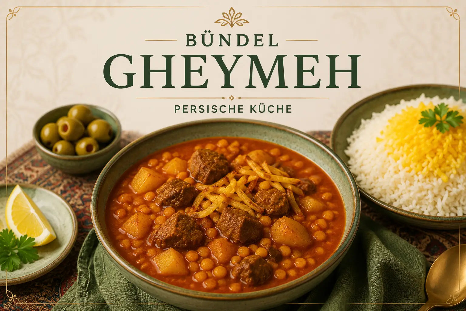 Gheymeh – persischer Spalterbsen-Eintopf mit Limoo Amani, Zutaten im Bündel