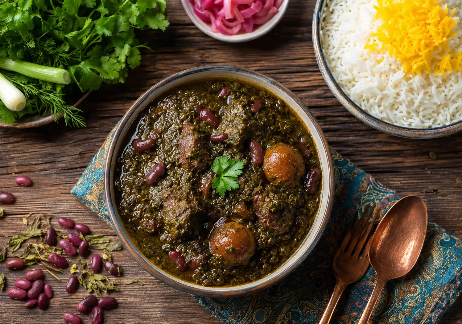 Ghormeh Sabzi – persischer Kräutereintopf mit Reis serviert