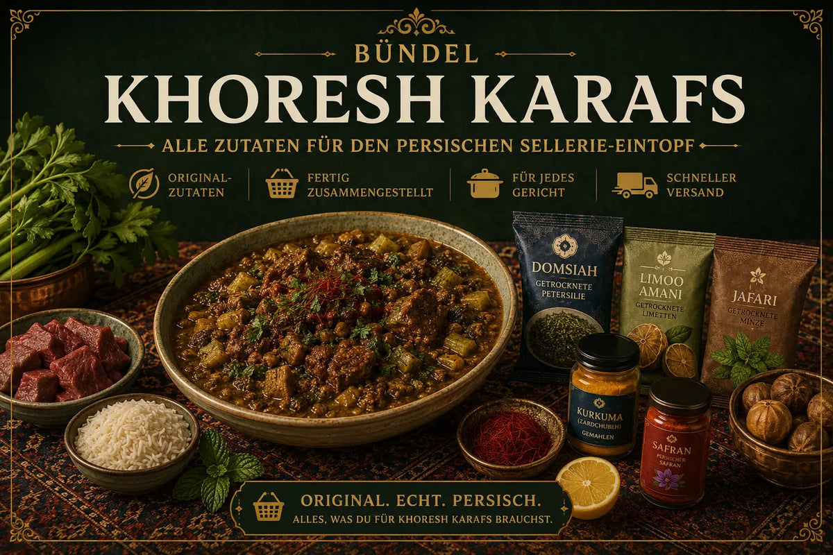 Khoresh Karafs – persischer Sellerie-Eintopf mit Minze, Petersilie und getrockneten Limetten