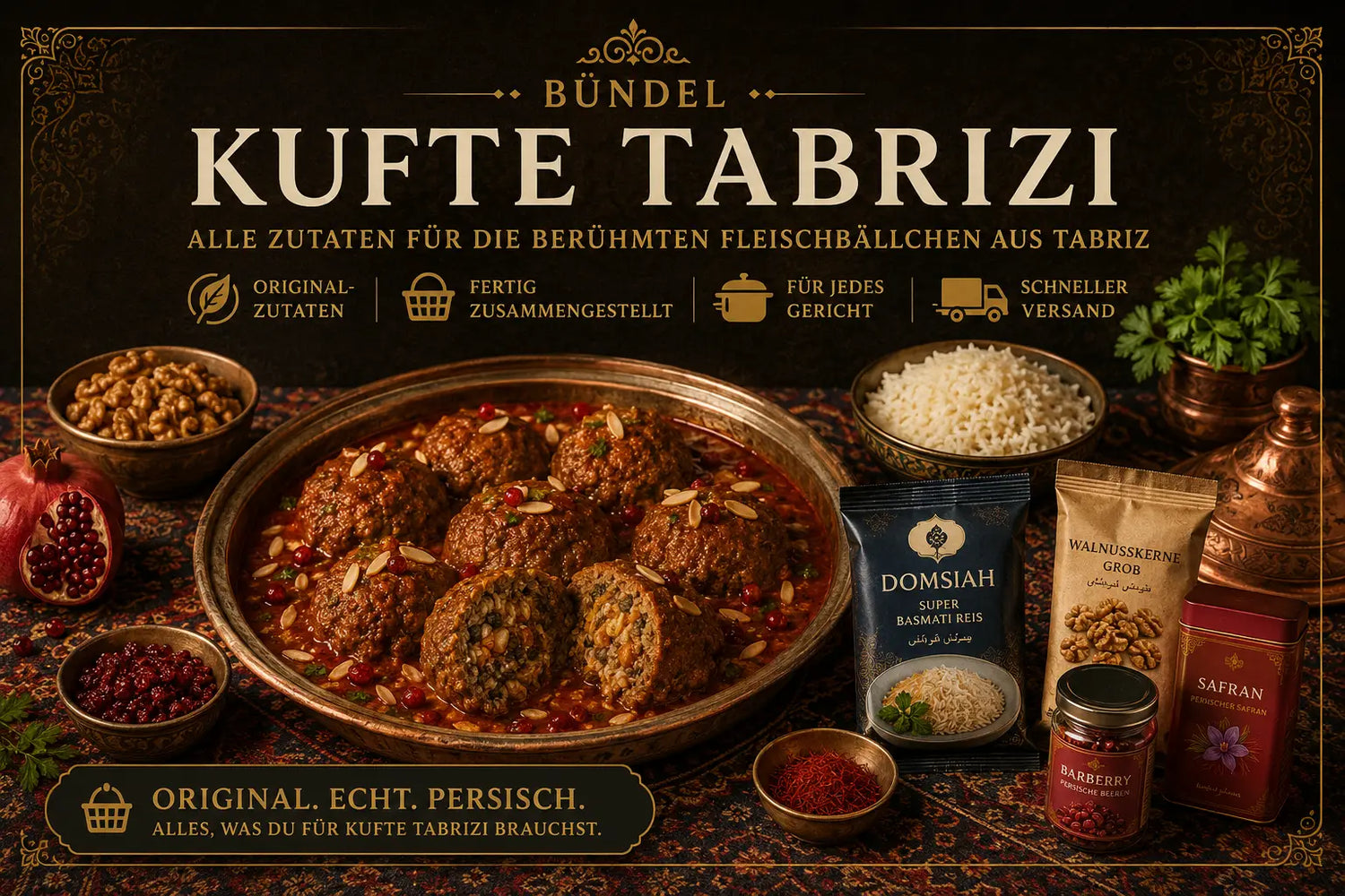 Kufte Tabrizi – gefüllte persische Riesen-Frikadelle, Zutaten im Bündel