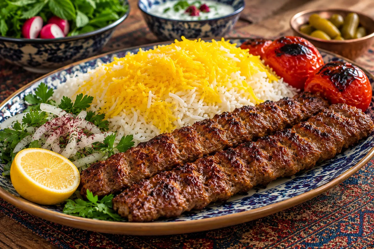 Kabab Koobideh auf persischer Kebabplatte mit Safranreis, gegrillten Tomaten und Sumach