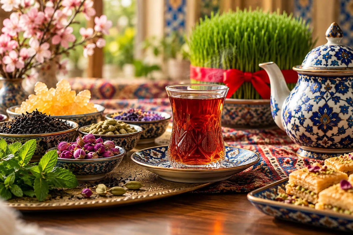 Traditioneller persischer Schwarztee im Teeglas mit iranischer Teekanne, Kardamom, Kandiszucker und Gebäck – ein Einblick in die Teekultur im Iran. Kopieren