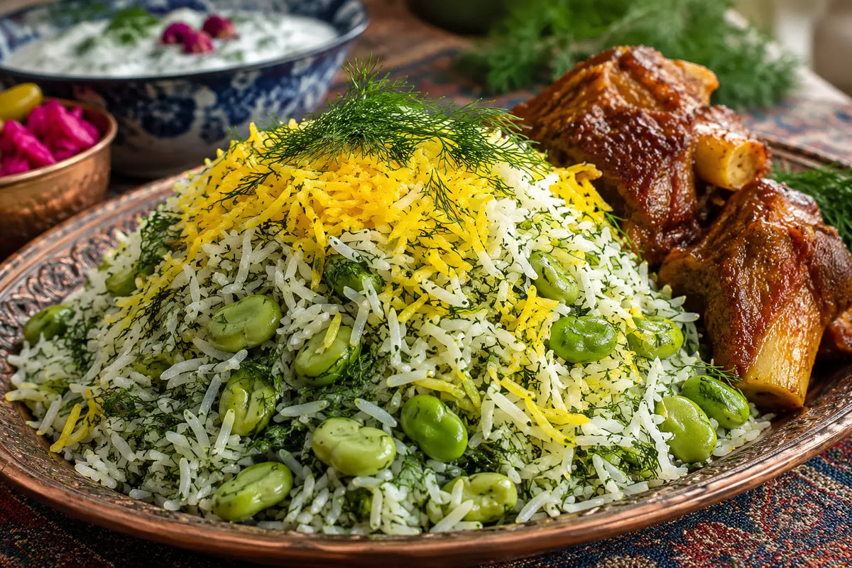Baghali Polo ba Mahiche – persischer Dillreis mit dicken Bohnen, Safran und geschmorter Lammhaxe