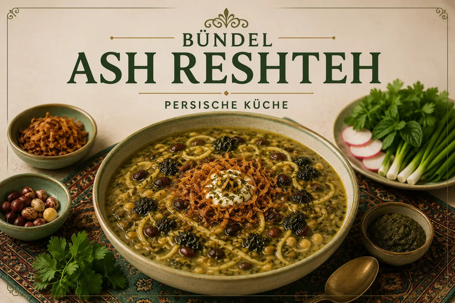 Zutaten für persisches Ash Reshteh kaufen – Reshteh-Nudeln, Kashk, Minze, Röstzwiebeln und Hülsenfrüchte im Bündel