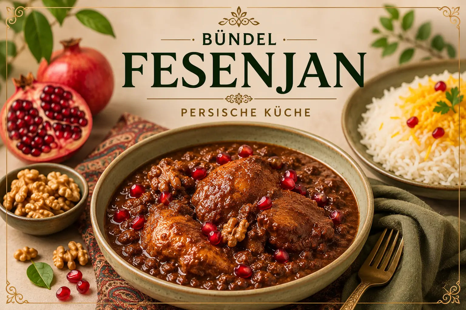 Zutaten für persisches Fesenjan kaufen – Walnusskerne, Granatapfelmelasse, Safran und Reis im Bündel