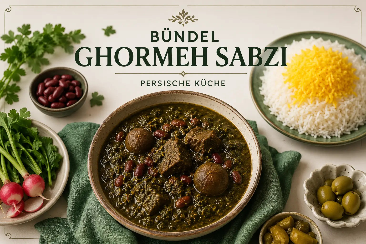 Zutaten für persisches Ghormeh Sabzi kaufen – Kräuter, Limoo Amani, rote Bohnen, Safran und Reis im Bündel