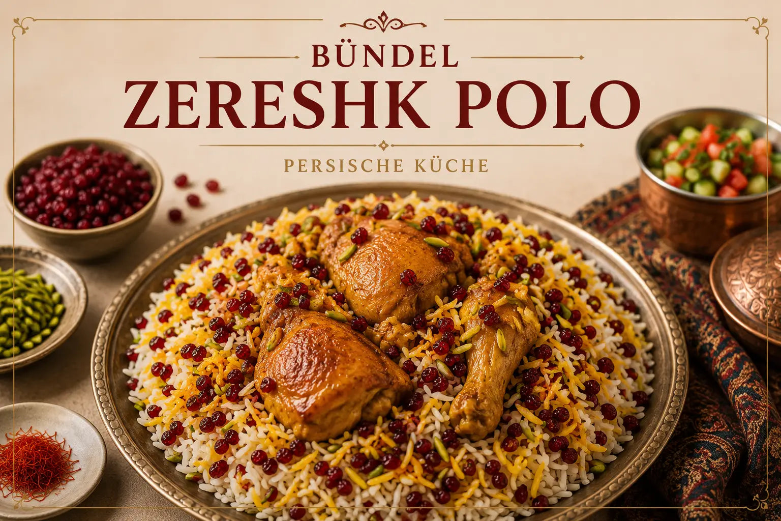 Zutaten für persisches Zereshk Polo kaufen – Berberitzen, Safran, Golab und Reis im Bündel