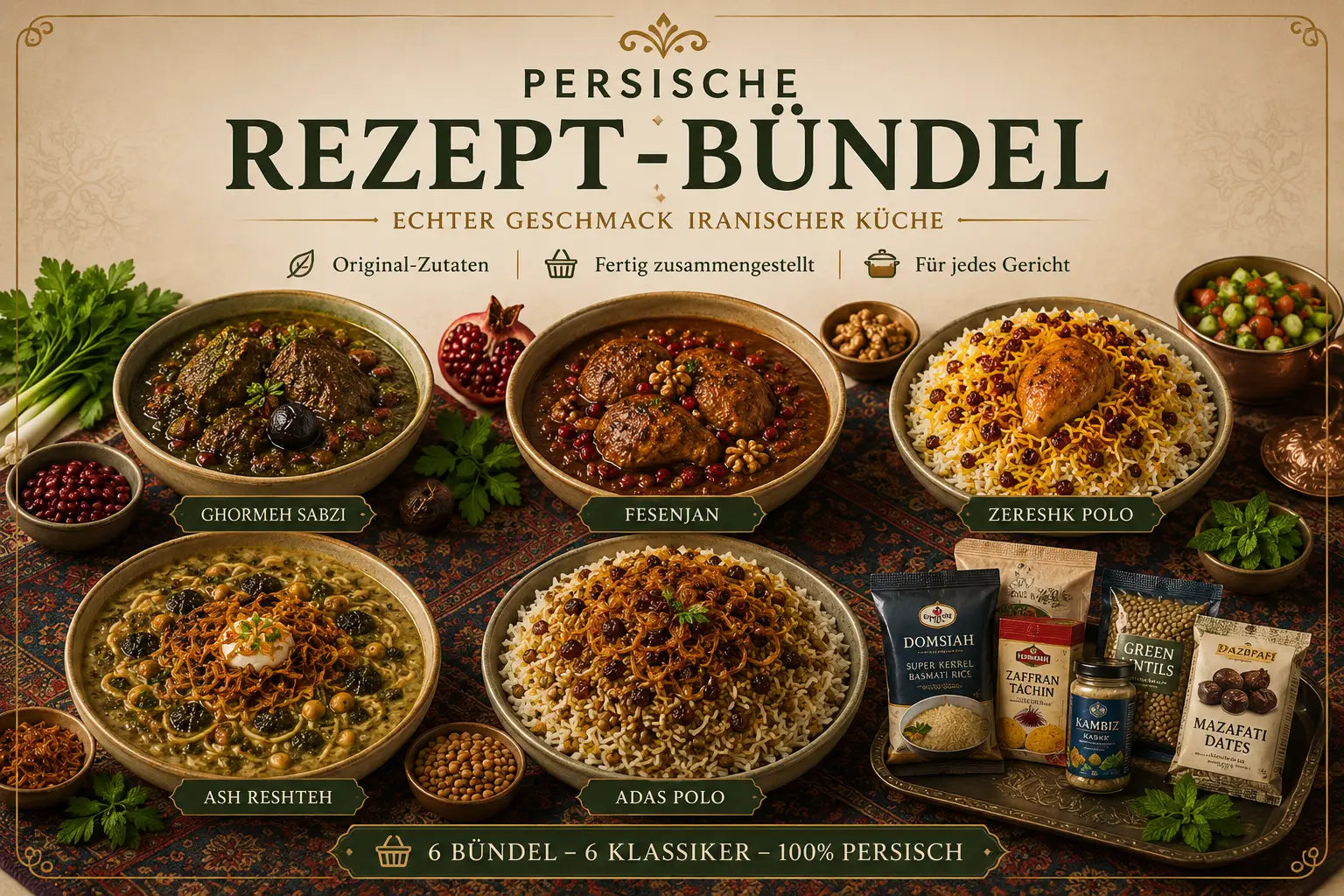 Persische Rezept-Bündel kaufen – alle Zutaten für Ghormeh Sabzi, Fesenjan, Zereshk Polo & mehr bei Haftsin
