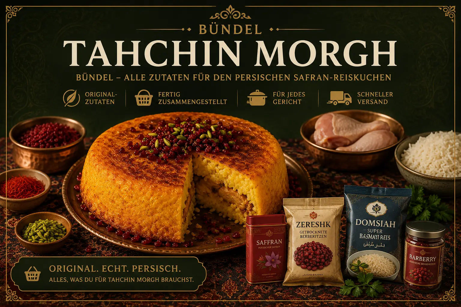 Tahchin Morgh Bündel – Zutaten für persischen Safran-Reiskuchen: Basmati-Reis, iranischer Safran und Berberitzen