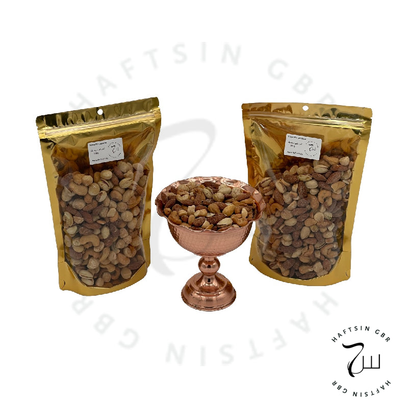 Salzige Nussmischung 500 g – gemischte Nüsse in goldener Zip-Beutel-Verpackung (Produktfoto)