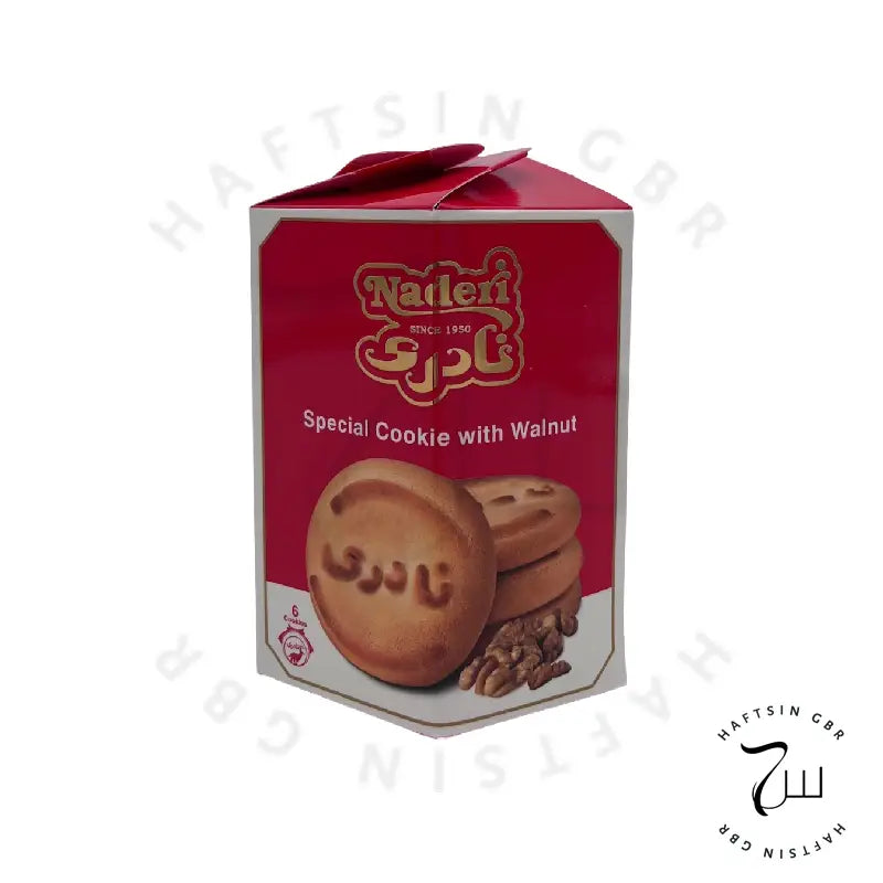 Naderi Haftsin Walnusskekse – „Special Cookie with Walnut“ in roter Schachtel (Produktfoto)