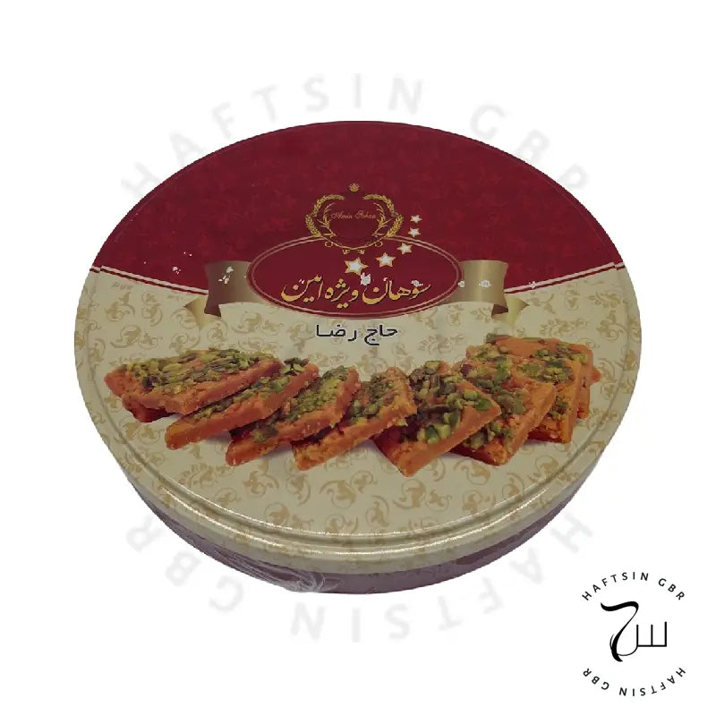Sohan – persische Safran-Toffee-Spezialität mit Pistazien, Dose, Produktfoto, Haftsin